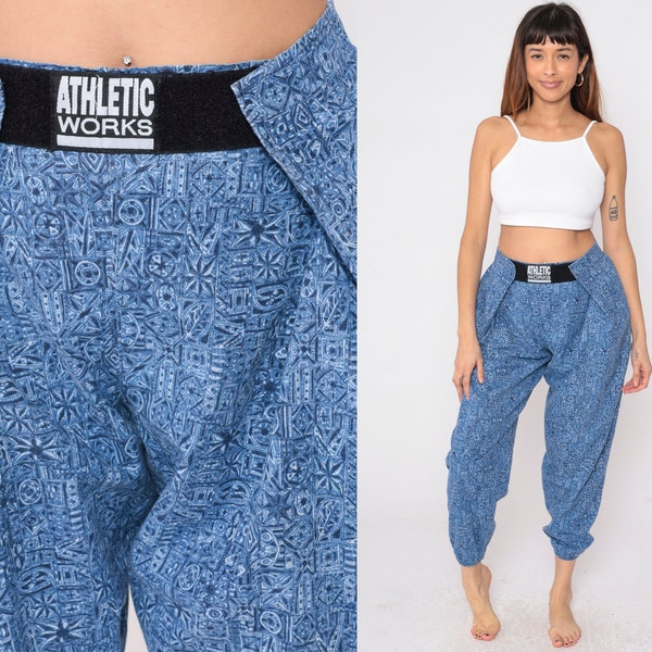 90s Parachute Pants Blue Geometric Print Baggy Hammer Pants High Waisted Pleated Lounge Joggers Vintage 1990s Athletic works Mens Medium