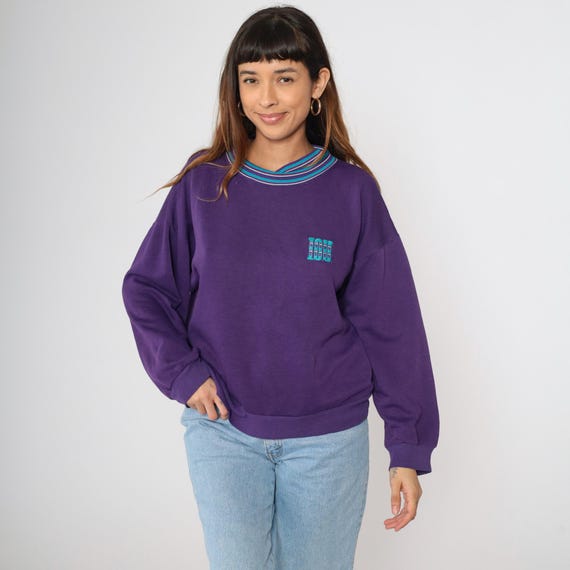Vintage I.O.U. Sweatshirt 90s Purple Striped Collar Sweater Graphic Pullover Striped Collar IOU Spellout Shirt 1990s Large