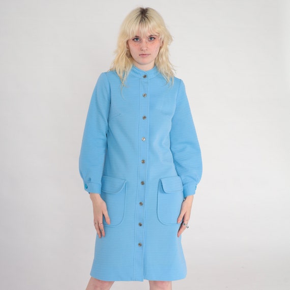 Mod Shift Dress 70s Midi Blue Shirtdress Button Up Dress 60s Hippie 1970s Long Sleeve Pocket Ribbed Polyester Plain Small Medium