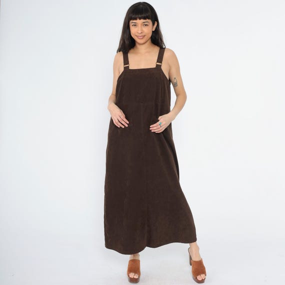 Vintage Brown Jumper Dress 90s Sleeveless Maxi Pocket Front Ankle Length Pinafore Shift 1990s Grunge Dress Low Armhole Extra Large xl