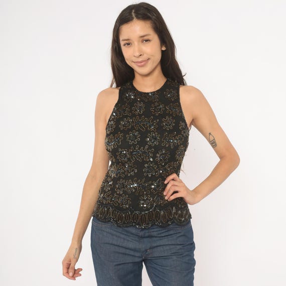 Beaded Sequin Silk Shell 90s Black Floral Tank Stenay Sleeveless Crew Neck Scalloped Hem Gold Bronze Evening Party Glam Top Small S