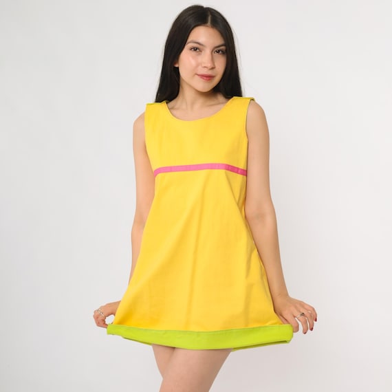 70s Reversible Mod Mini Dress Vintage Yellow Pink Green Colorblock A Line Shift Retro Go Go Twiggy Vibe Youthquake Fashion Small S