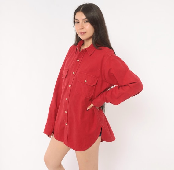 Woolrich Flannel Shirt 90s Red Cotton Button Front Dual Chest Pocket Long Sleeve Work Blouse Grunge Casual Vintage Top Large L