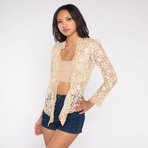 Jessicas Gunnies Cardigan 1970s Cream Ivory Crochet Lace Gunne Sax Floral Romantic Cottagecore Vintage Whismigoth Jacket Extra Small XS 0
