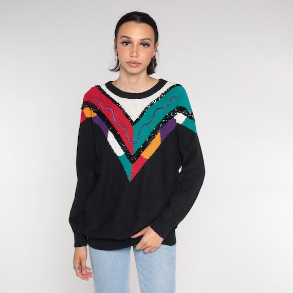 Black Sequin Sweater 90s Abstract Knit Pullover Sweater Chevron Striped Squiggle Print Statement Cotton Ramie Vintage 1990s Large xl
