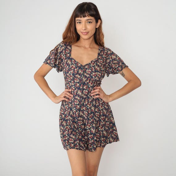 90s Floral Mini Romper Green Pink Purple White Short Sleeve Cottagecore Prairie Vintage Summer Spring Fit Flare Drop Waist California Medium