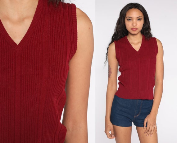 Burgundy Sweater Vest Top 80s Knit Tank 