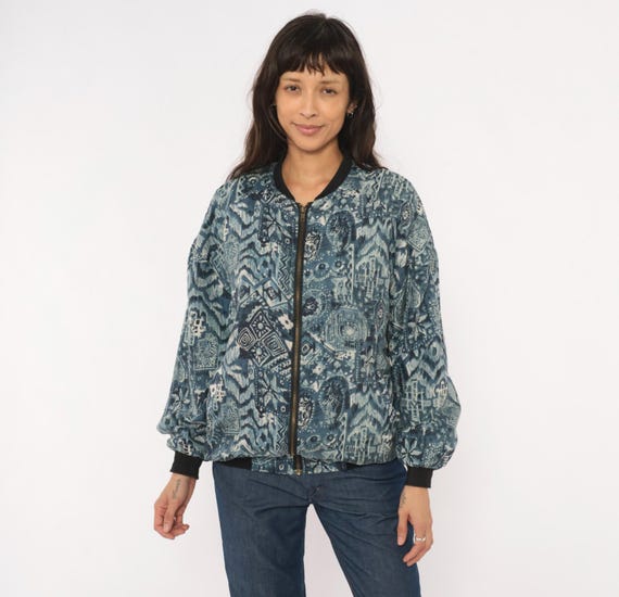 90s Silk Bomber Jacket Floral Bohemian Print Blue Grey Abstract Ribbed Cuff Collar Waistband Lightweight Vintage Unisex Small S Medium M