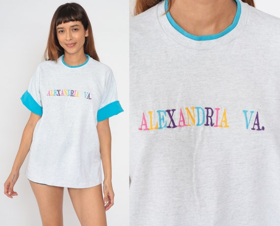 90s Alexandria Virginia Shirt Ringer Tee Retro TShirt Vintage T Shirt Graphic Embroidered 1990s Tee Travel Shirt Heather Grey Extra Large xl