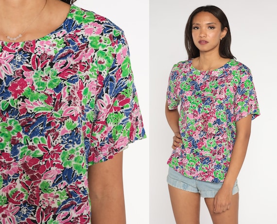 90s Floral Blouse Bright Short Sleeve Shirt Rayon Pullover Top Neon Green Pink Purple Flower Print Bohemian Vintage Short Sleeve Small S