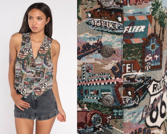 Route 66 Vest 90s Button Up Tapestry Vest Travel Hollywood Classic Car Cactus Top Sleeveless Blouse Novelty Print Vintage 1990s Small S