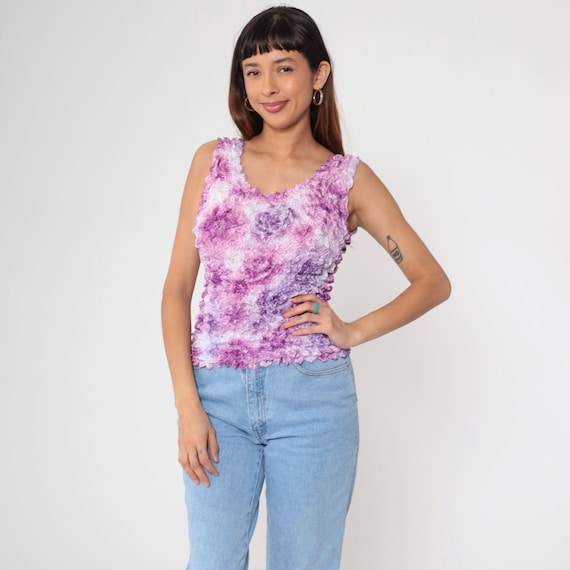Y2K Floral Popcorn Tank Top Abstract Purple Texture Blouse Stretchy Boho Sleeveless Shirt Flower Print Summer Vintage 00s Small Medium Large
