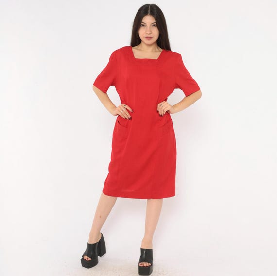 80s Lanz Originals Embroidered Square Neck Dress Red Shift Soutache Trim Pocket Front Short Sleeve Cherry Valentines Day Vintage Large L