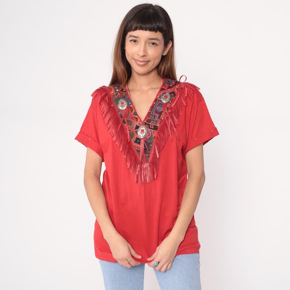 Southwestern Fringe Tunic 90s Red Coral Native American Tribal Inspired V Neck Concho Embroidered Vintage Western Festival Hippie Medium M