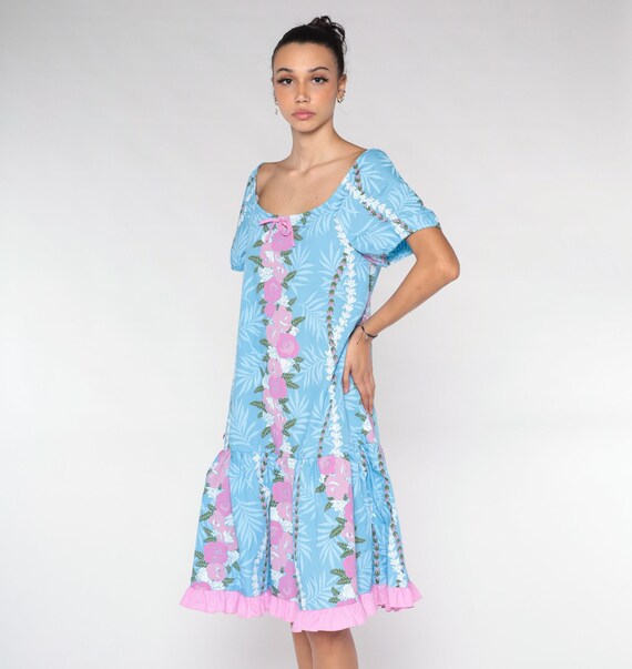 Floral Tent Dress 90s Blue Midi Dress Pink Flower Fern Print Retro Short Sleeve Summer Festival Hippie Boho Vintage 1990s Extra Small XS