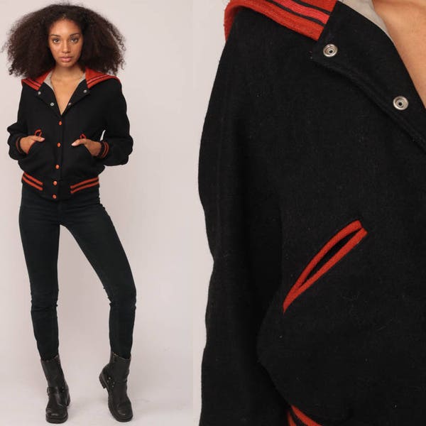 Varsity Jacket WOOL Jacket 70s Black Letterman Jacket SAILOR COLLAR Retro Marching Band Hipster 80s Sports Striped Vintage Small