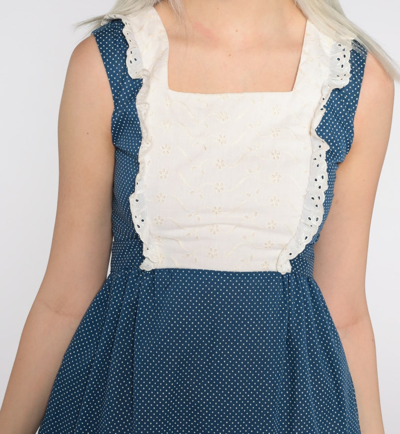 70s Babydoll Dress Blue Polka Dot Mini Dress Eyelet Lace Bib Dress 1970s 60s Mod White Empire Waist Bohemian Ruffle Extra Small xs image 6