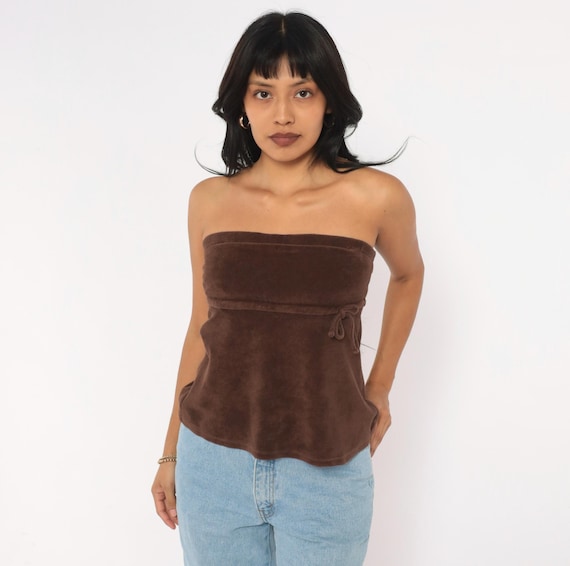 Y2K Brown Tube Top Terry Cloth Strapless Bandeau Drawstring Tie Waist Chocolate Sleeveless Going Out Beach Summer Party Mocha Vintage Small