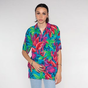 Hawaiian Blouse 90s Tropical Button Up Shirt Floral Print Surfer Vacation Short Sleeve Tourist Top Blue Pink Green Vintage 1990s Medium M
