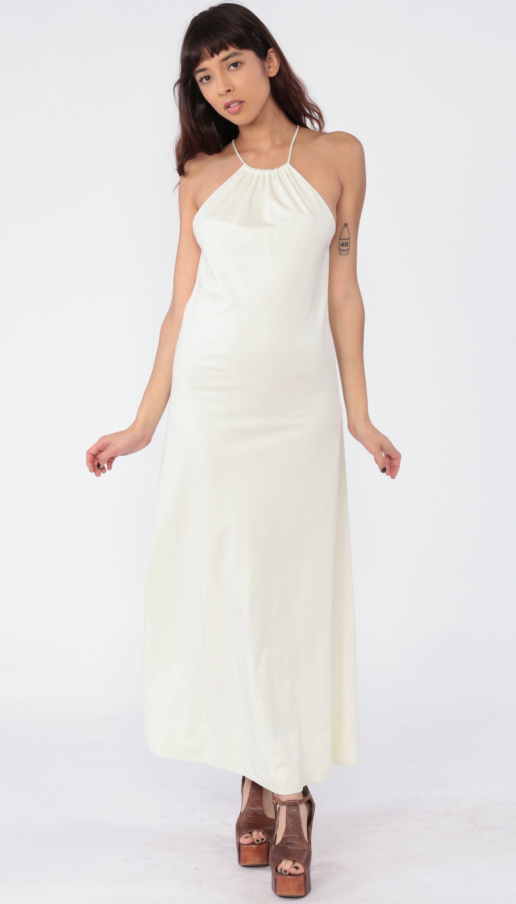 Off-White Maxi Dress 70s Halter Party GRECIAN Wedding Boho Dress Long ...