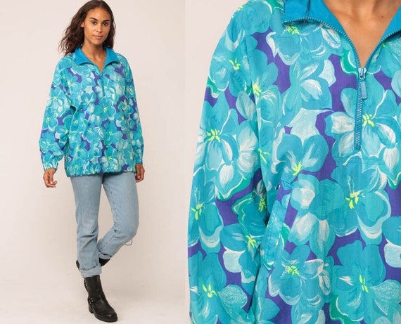 Floral Windbreaker Jacket 90s Pullover Half Zip Jacket Retro Bright Jacket Blue Grunge Hipster Vintage 1990s Retro Small