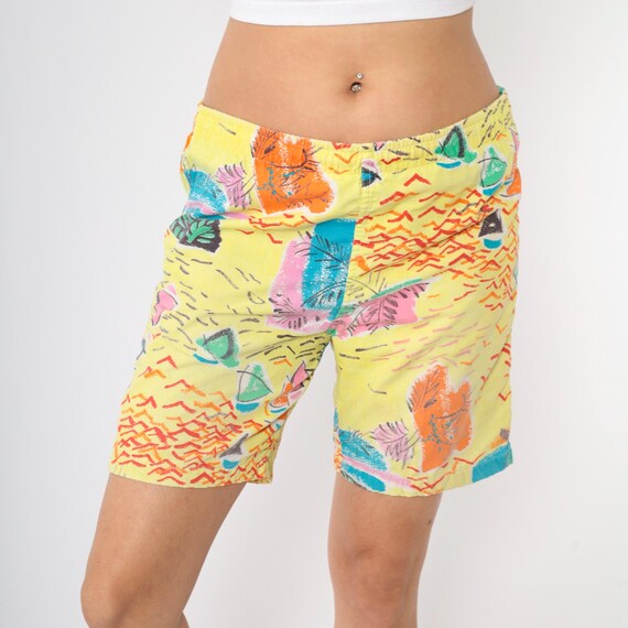 Vintage 90s Nautical Shorts Yellow Abstract Sailboat Print Hawaiian High Waist Wide Leg Beach Geometric Retro Baggy 1990s Medium M