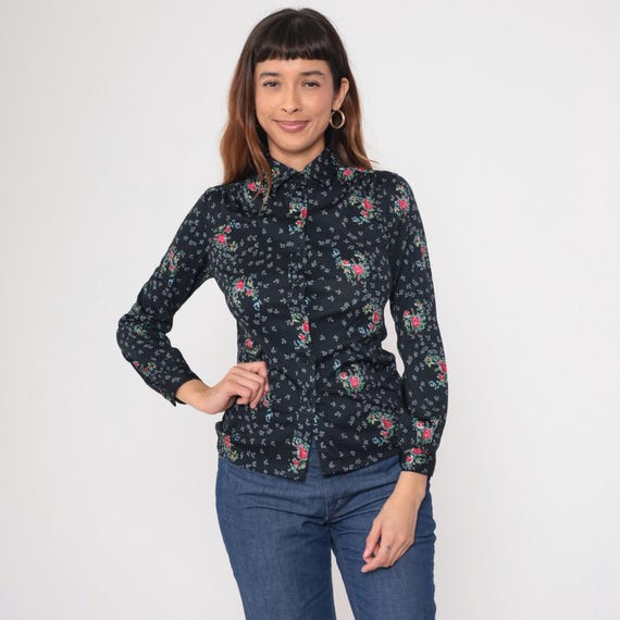 70s Floral Shirt Black Bouquet Pink Blouse Boho Shirt Disco Collared Button Up Bohemian 1970s Hippie Vintage Long Sleeve Extra Small xs 32