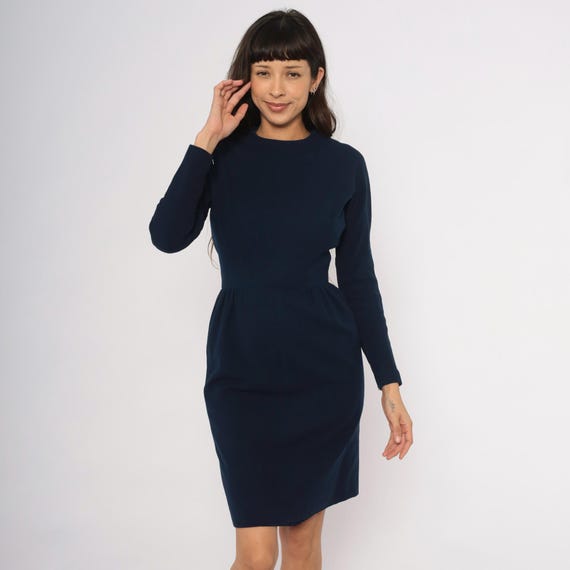 50s Navy Wool Dress Fit And Flare Blend Long Sleeve Gathered Waist Knee Length Dark Blue Frock Vintage Winter Wear Wear Autumn Small S
