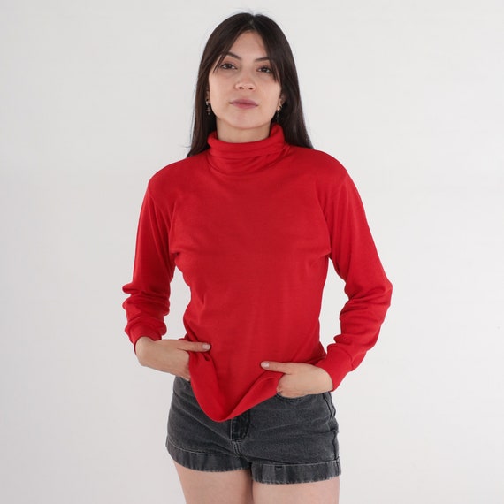 Red Turtleneck Shirt 80s Long Sleeve Shirt Pullover Top Funnel Retro Turtle Neck Simple Plain Cotton Blend Vintage 1980s Medium