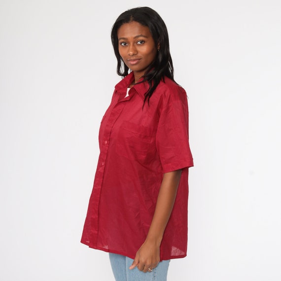 Red Button Up Shirt 70s Blouse Dagger Collar Shee… - image 2