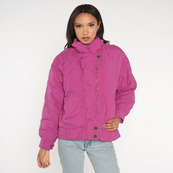 Fuchsia Pink Puffer Jacket 80s 90s Down Fill Ski Jacket Embroidered Zip Snap Up Quilted Puffy Coat Skiwear Vintage Eddie Bauer 1990s Medium