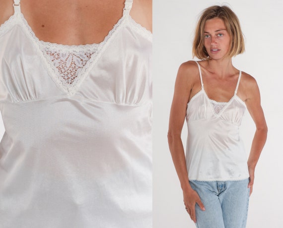 White Cami Top 80s Lingerie Camisole Tank Top Lace Trim Undershirt