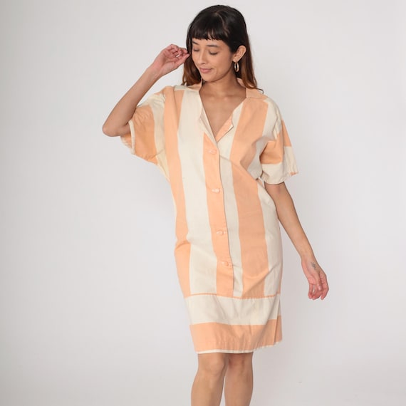 Peach Striped Dress 80s Cream Short Sleeve Vintage Button Front Collar Shirt Cotton Mini Summer Dress Nautical Preppy Casual Medium M