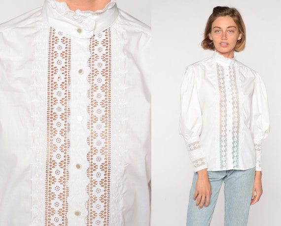 White Prairie Blouse Puff Sleeve Shirt Lace Top B… - image 1