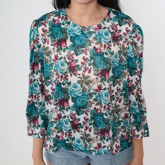 80s Floral Blouse Turquoise Blue Shirt Rose Print Top Long Puff Sleeve Top Scalloped Hem White Deep Pink 1980s Vintage Bohemian Medium
