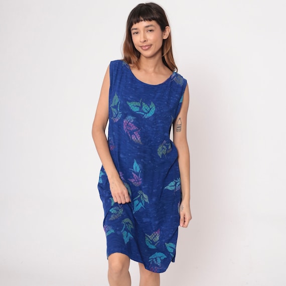 Blue Hawaiian Dress Y2K Tropical Leaf Print Mid Dress Sleeveless Sundress Summer Beach Shift Vintage 00s Rayon Extra Large xl