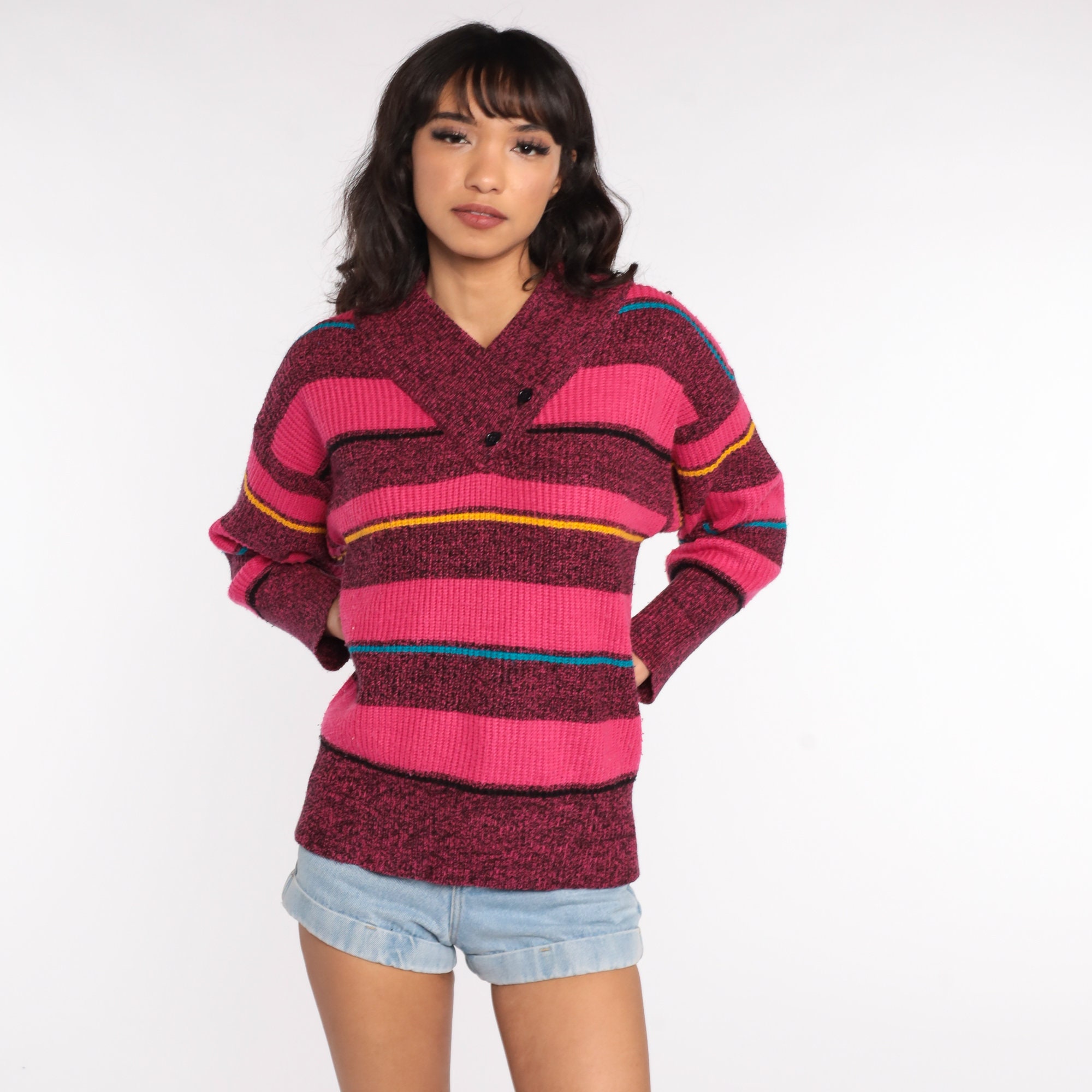 Hot Pink Sweater 80s Striped Sweater Gitano Acrylic Sweater Knit V Neck ...