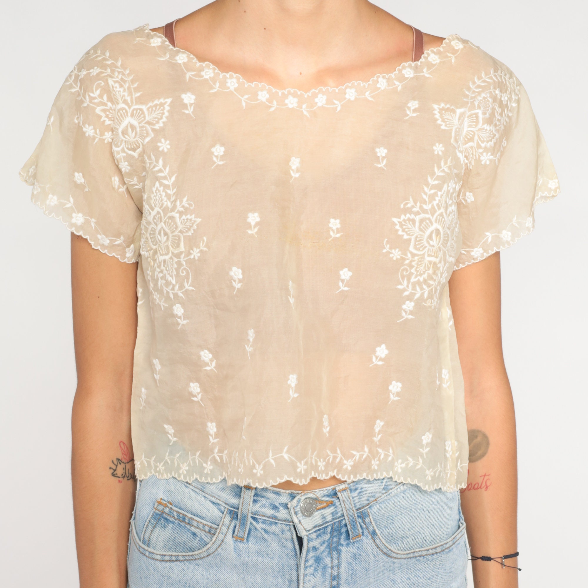 Floral Crop Top 80s SemiSheer Embroidered Blouse Beige Shirt Cropped
