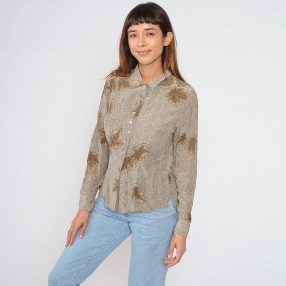 Leaf Print Blouse 90s Silk Shirt Button Up Blouse Long Sleeve Collared Top Autumn Fall Leaves Boho Retro Flecked Brown Vintage 1990s Medium