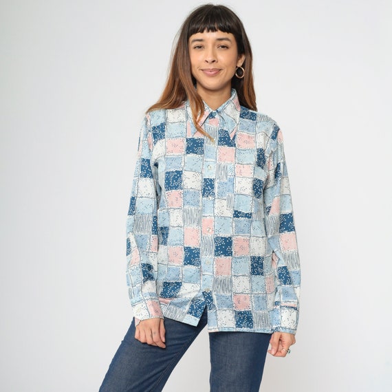 70s Checkered Shirt Pink Blue Abstract Disco Button Up Shirt Dagger Collar Preppy Collared 1970s Long Sleeve Vintage Men's Medium 15 15 1/2