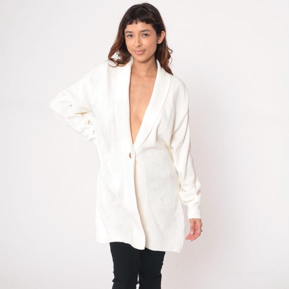 80s White Long Cardigan Duster Shawl Collar Knit Sweater Vintage Ivory Cream Textured Open Front Quiet Luxury Minimalist Cozy Medium M