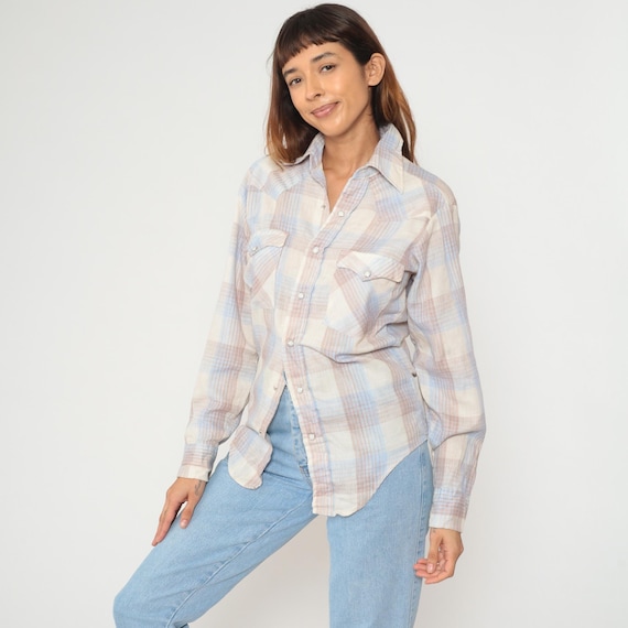 Plaid Shirt 80s Cream Blue Gingham Western Pearl Snap Button Down Country Cowgirl Rodeo Cottagecore Ranch Style Southwestern Medium M 14