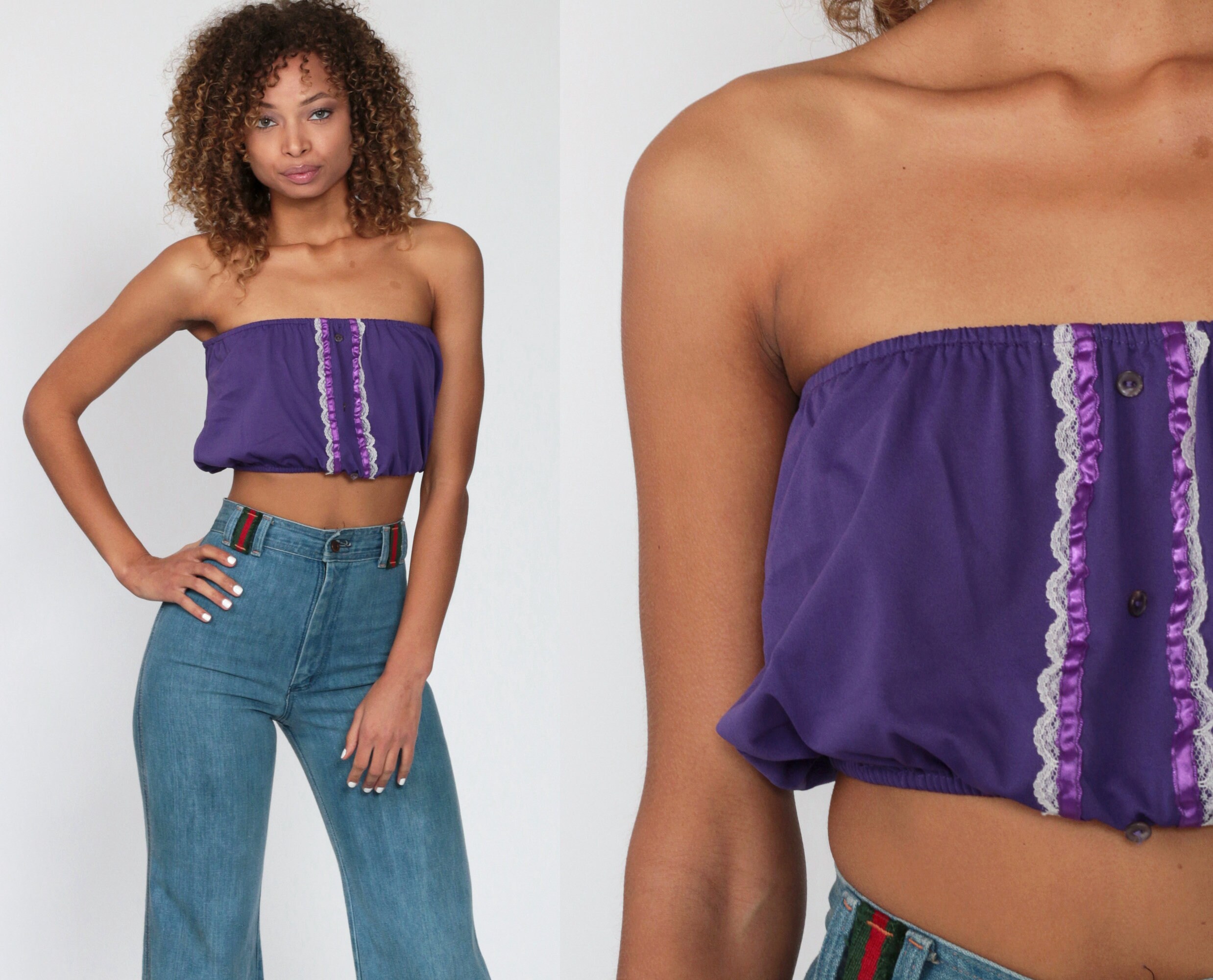 purple strapless top