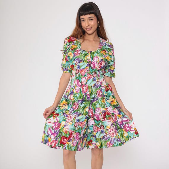 90s Floral Sundress Puff Sleeve Bright Multicolor Watercolor Cottagecore Dress Coquette Prairie Garden Tea Party Full Skirt Vintage Medium M