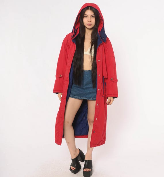 80s Red Down Parka Long Hooded Coat Snap Front Cherry Duck Filled Winter Warm Navy Jacket Storm Flap Cargo Pocket Vintage Outdoor Small S