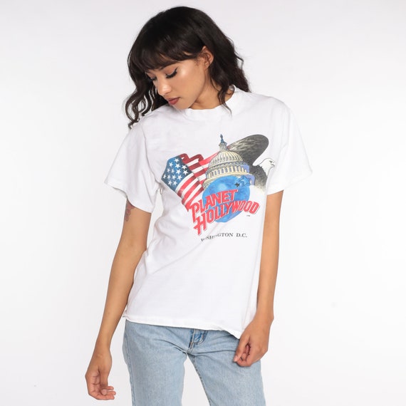 Planet Hollywood Shirt 90s Washington DC Tshirt Graphic Retro Tee Vintage White American Flag Eagle Small S