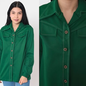 70s Green Shirt Button Up Disco Top Mod Blouse White Topstitch Long Sleeve Wing Collar Retro Collared Plain Preppy Vintage 1970s Medium M image 1