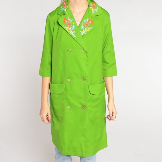 Lime Green Trench Coat 60s 70s Floral Embroidered… - image 8