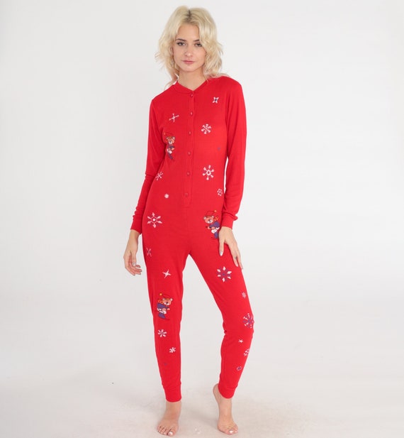 80s Pajama Jumpsuit Red Snowflake Ski Bear Print One Piece Pajamas Sleep Pants Skiing Winter Adult Button up Christmas PJs Vintage 1980s xs