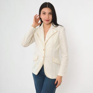 70s White Blazer Jacket Checkered Notched Collar Hippie Boho Button Up 1970s Vintage Retro Bohemian Preppy Small S